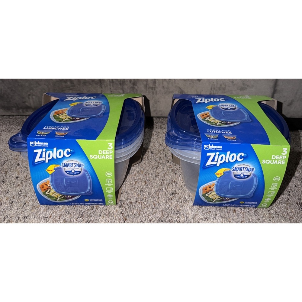 2 New Ziploc Plastic Food Storage Containers, Deep Square, 3 Count, Clear 1.25qt